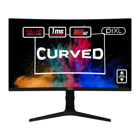 piXL CM27C7 27 Inch Curved Monitor, 165Hz, 1ms, Frameless, Freesync / G-Sync, Full HD, HDMI, Display Port, USB, Black with RGB Lighting, VESA Mount, Height Adjustable