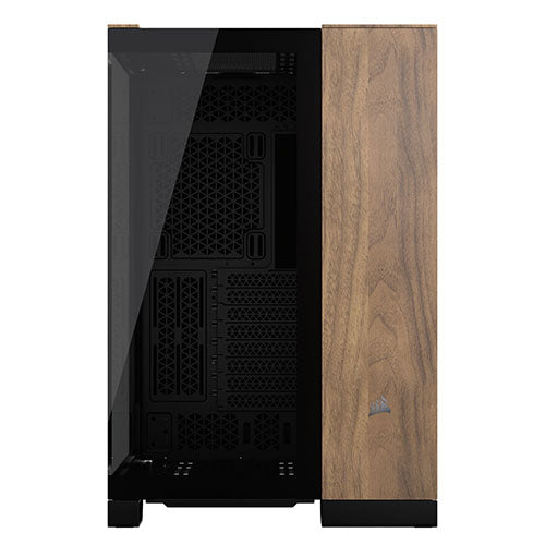 Corsair 6500X Dual Chamber Gaming Case w/ Glass Side & Front, ATX, Mesh Panels, USB-C, Asus BTF Compatible, Black/Walnut Wood