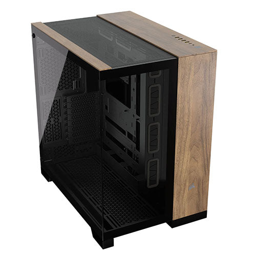 Corsair 6500X Dual Chamber Gaming Case w/ Glass Side & Front, ATX, Mesh Panels, USB-C, Asus BTF Compatible, Black/Walnut Wood