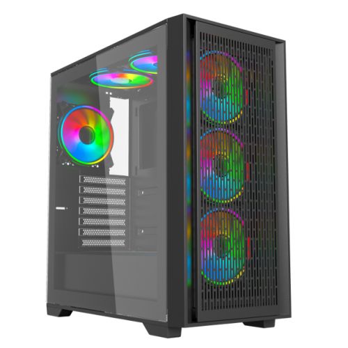 Vida Versa Black ARGB Gaming Case w/ Glass Side & Glass/Mesh Front, ATX, 6x ARGB Fans, 6-Port Fan Hub & Remote Control *Glass & Mesh Front Panels included*