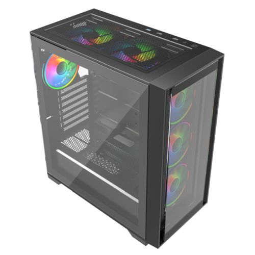 Vida Versa Black ARGB Gaming Case w/ Glass Side & Glass/Mesh Front, ATX, 6x ARGB Fans, 6-Port Fan Hub & Remote Control *Glass & Mesh Front Panels included*