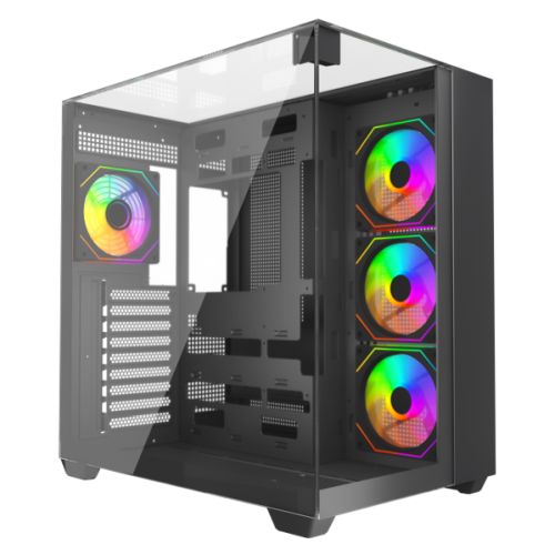 Vida Visio Black ARGB Gaming Cube Case w/ Glass Side, Front & Top, ATX, 4x ARGB Fans, 6-Port Fan Hub & Remote Control, USB-C, Asus BTF Compatible