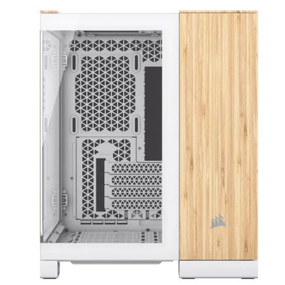 Corsair 2500X Dual Chamber Gaming Case w/ Glass Side & Front, Micro ATX, Mesh Panels, USB-C, Asus BTF Compatible, White/Bamboo Wood