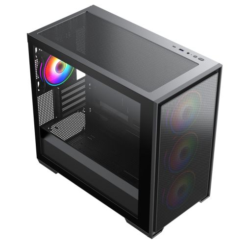 Vida Notus Black ARGB Gaming Case w/ Glass Side, Micro ATX, Mesh Front, 4x ARGB Fans, 6-Port PWM ARGB Hub, USB-C, Asus BTF Compatible