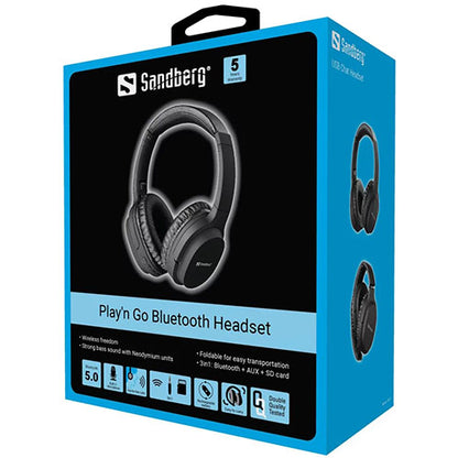 Sandberg Play&#39;n Go Bluetooth/3.5mm Jack Headset w/ Microphone, 3-in-1(Bluetooth+AUX+SD card), 40mm Driver,  Foldable, 5 Year Warranty