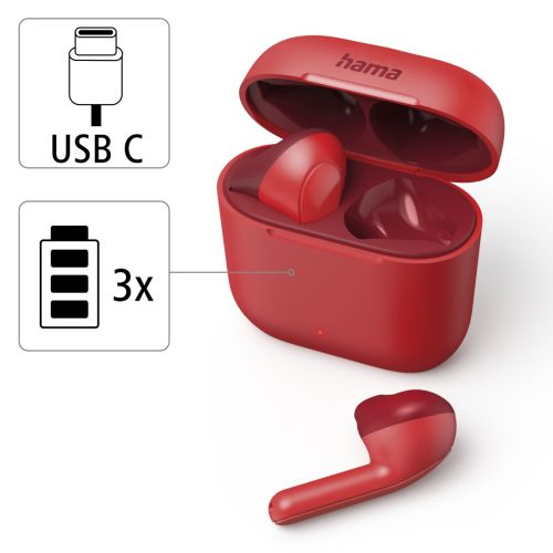 Hama Freedom Light Bluetooth Earbuds with Microphone, Touch Control, Voice Control, Charging/Carry Case Included, Red