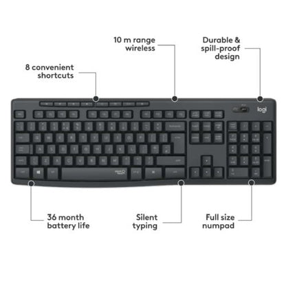 Logitech MK295 Silent Wireless Keyboard and Mouse Kit, Spill Resistant, Graphite