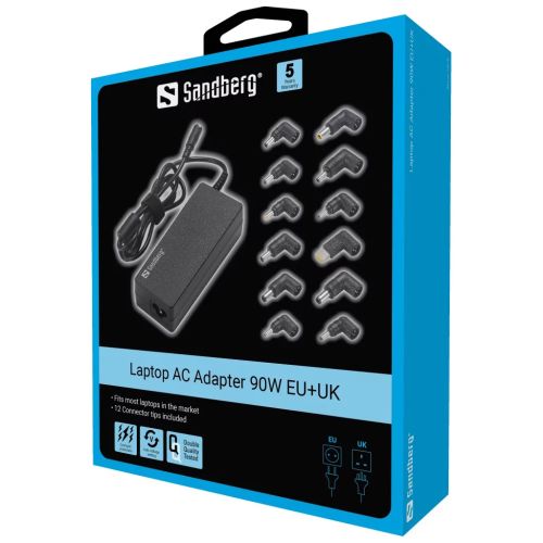 Sandberg Universal 90W Laptop PSU, 15-20V/6A Max, 12 Adapters, Auto Select, UK & EU Power Cables, 5 Year Warranty