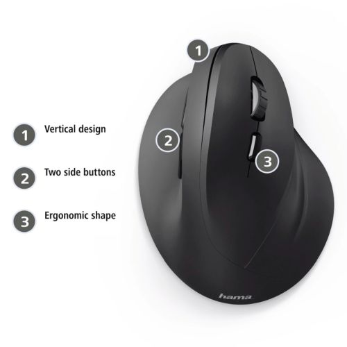 Hama Vertical Ergonomic EMC-500 Wired Optical Mouse, 6 Buttons, Browser Buttons, 1000-1800 DPI, Black *Right Handed version*