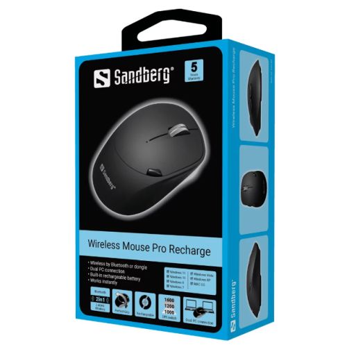 Sandberg (631-02) Wireless/Bluetooth Mouse Pro Recharge, 1600 DPI, 6 Buttons, Rechargeable Battery, Black, 5 Year Warranty