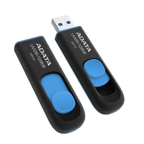 ADATA 128GB UV128 USB 3.0 Memory Pen, Retractable, Capless, Black & Blue