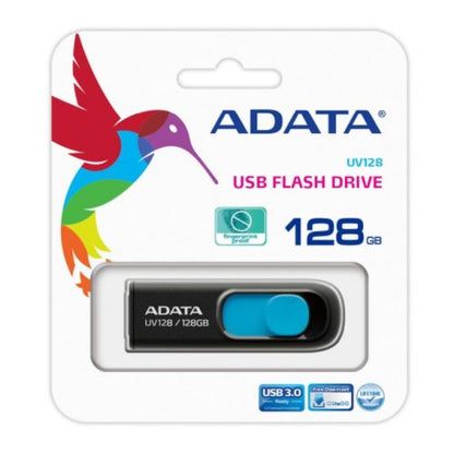 ADATA 128GB UV128 USB 3.0 Memory Pen, Retractable, Capless, Black & Blue