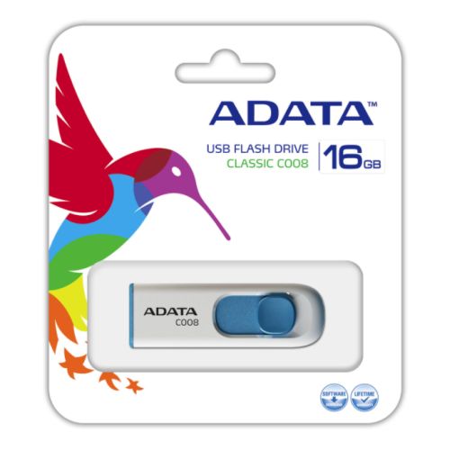 ADATA 16GB C008 USB 2.0 Memory Pen, Retractable, Capless, White