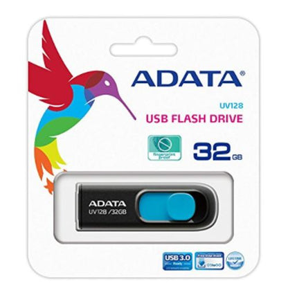 ADATA 32GB UV128 USB 3.0 Memory Pen, Retractable, Capless, Black & Blue