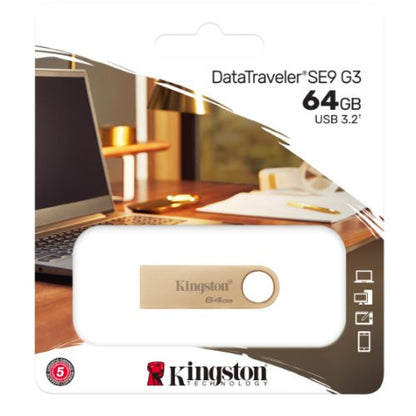 Kingston 64GB DataTraveler SE9 G3 Memory Pen, USB 3.2 Gen1 Type-A, Metal Gold Casing