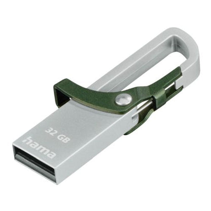 Hama Hook-Style 32GB USB 2.0 Memory Pen, Metal Housing, Green Snap Hook