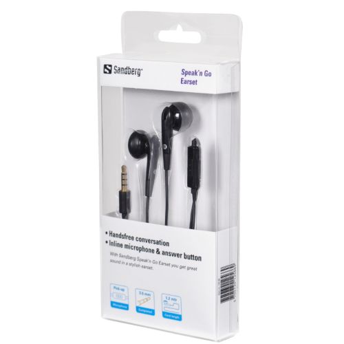 Sandberg (125-66) Speak and Go Earset, 10mm Driver, 3.5mm Jack, Inline Microphone, Black, 5 Year Warranty