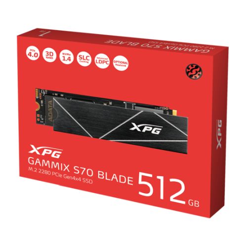 ADATA 512GB XPG GAMMIX S70 Blade M.2 NVMe SSD, M.2 2280, PCIe 4.0, 3D NAND, R/W 7400/2600 MB/s, 425K/510K IOPS