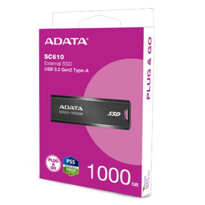 Adata SC610 1TB Pocket Size External SSD, USB 3.2 Gen2 Type-A, Capless Retractable Design, Key Ring