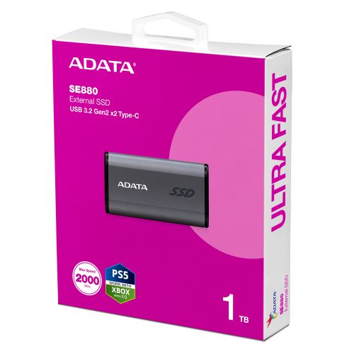 Adata SE880 1TB Pocket Size External SSD, USB 3.2 Gen2 Type-C/Type-A, Titanium Grey