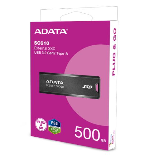 Adata SC610 500GB Pocket Size External SSD, USB 3.2 Gen2 Type-A, Capless Retractable Design, Key Ring